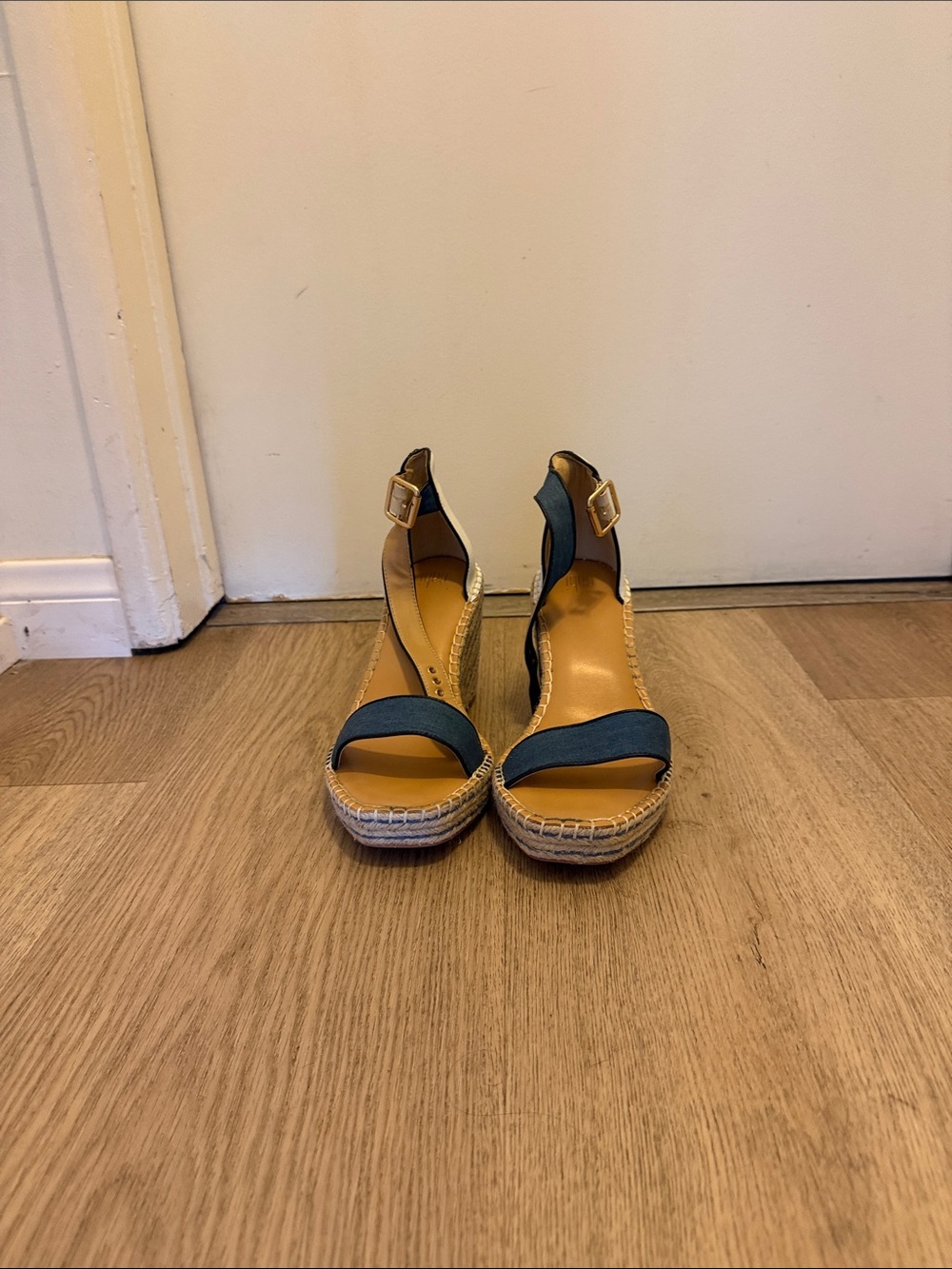 CAbi Navy Blue Espadrille Wedge Sandals with Ankle Buckle